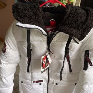 White Lined Hooded Long Puffer Coat - Size L